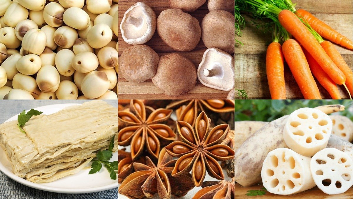 Các loại nấm, hạt sen, củ sen và gia vị cần thiết cho món mì tiềm chay