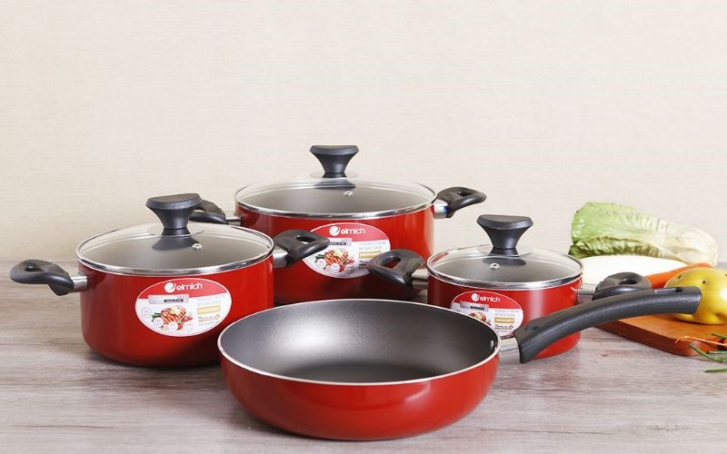 Bộ nồi chảo nh&ocirc;m chống d&iacute;nh nắp k&iacute;nh Elmich EL1162 