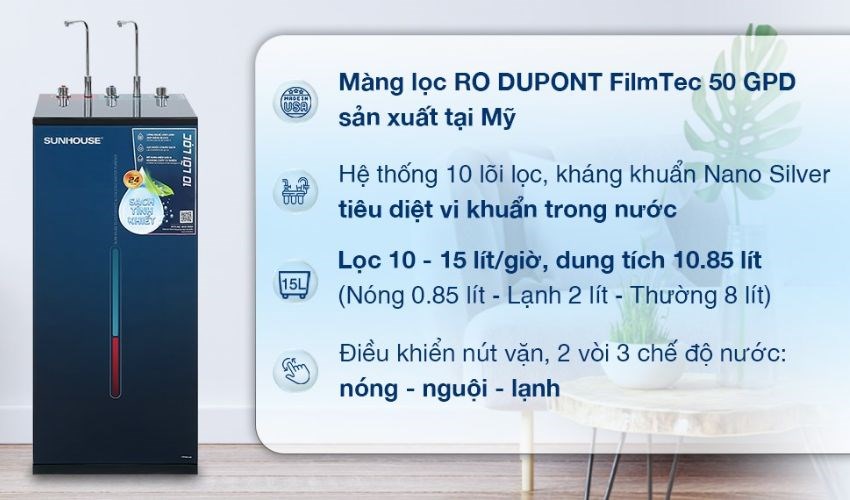 Máy lọc nước RO nóng nguội lạnh Sunhouse SHA76219CK 10 lõi