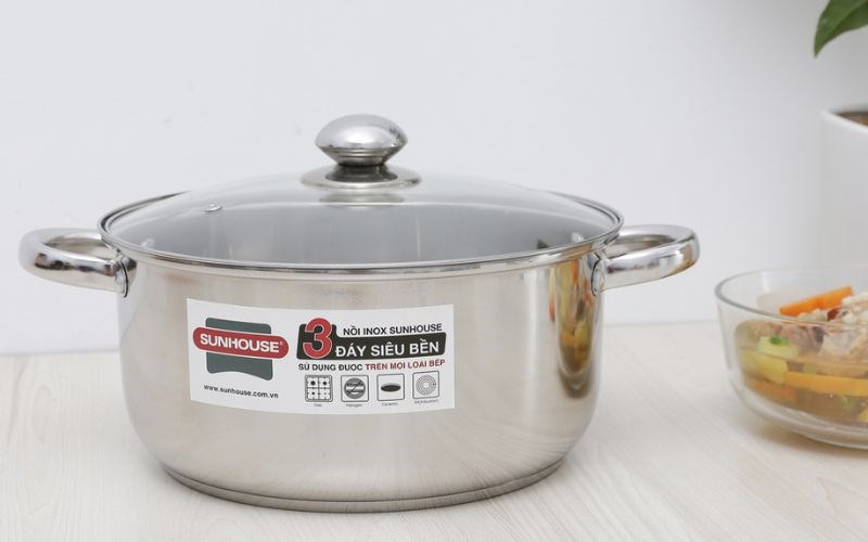Nồi inox 3 đ&aacute;y nắp k&iacute;nh 26 cm Sunhouse SH22126