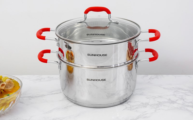 Bộ nồi xửng inox 5 đ&aacute;y nắp k&iacute;nh 24 cm Sunhouse SHG507-24 