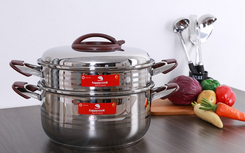 Bộ nồi xửng inox 3 đ&aacute;y nắp inox 32 cm Happycook ST32-2
