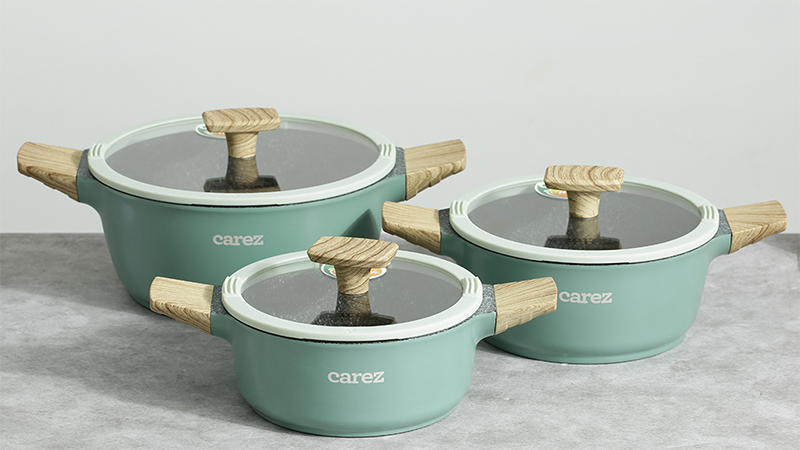 Bộ 3 nồi nh&ocirc;m đ&uacute;c v&acirc;n đ&aacute; nắp k&iacute;nh Carez CPC595DI03CN 
