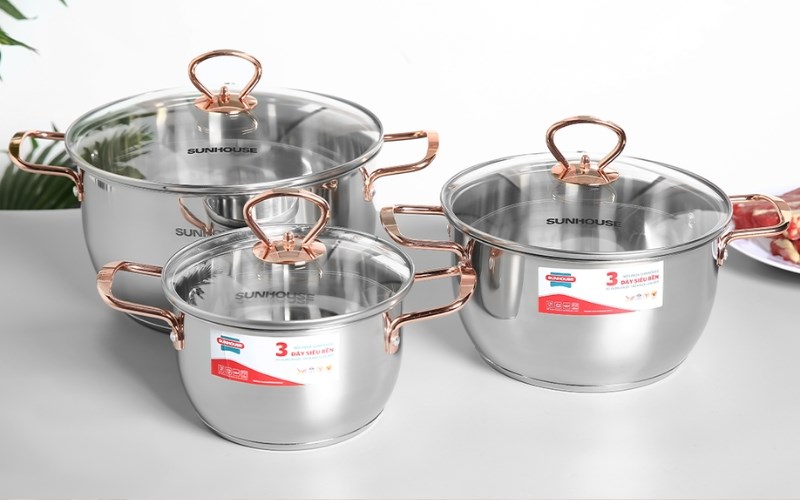 Bộ 3 nồi inox 3 đ&aacute;y nắp k&iacute;nh Sunhouse SHG306