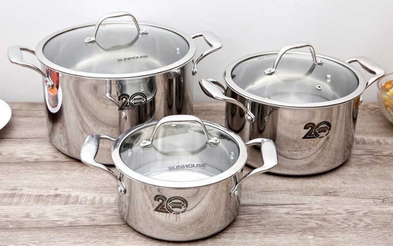 Bộ 3 nồi inox 3 đ&aacute;y nắp k&iacute;nh Sunhouse Mama SHG2020