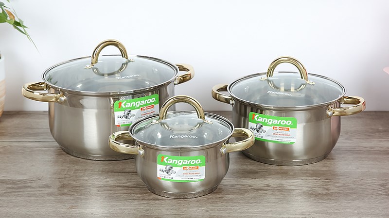 Bộ 3 nồi inox 5 đ&aacute;y nắp k&iacute;nh Kangaroo KG866