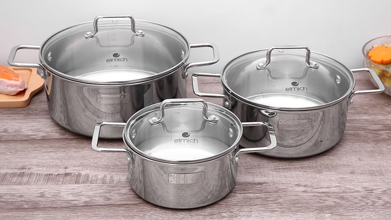 Bộ 3 c&aacute;i nồi inox 3 đ&aacute;y nắp k&iacute;nh Elmich Trimax XR EL-3843