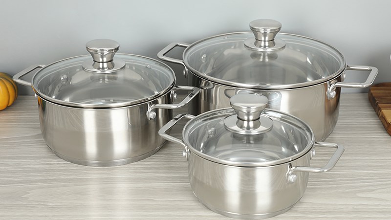 Bộ 3 nồi inox 3 đ&aacute;y nắp k&iacute;nh Delites BNE009