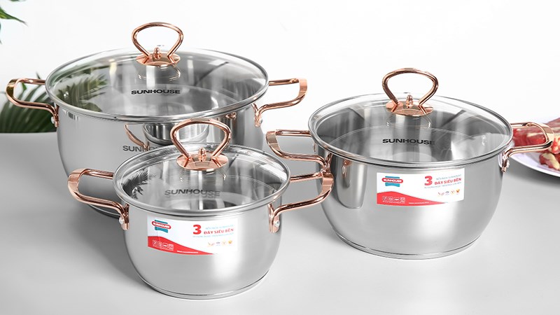 Bộ 3 nồi inox 3 đ&aacute;y nắp k&iacute;nh Sunhouse SHG306