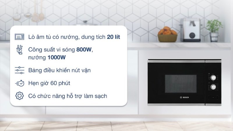 L&ograve; vi s&oacute;ng c&oacute; nướng lắp &acirc;m Bosch BEL520MS0K 20 l&iacute;t 
