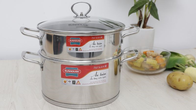 Bộ nồi xửng inox 5 đ&aacute;y nắp k&iacute;nh 24 cm Sunhouse SSP25124
