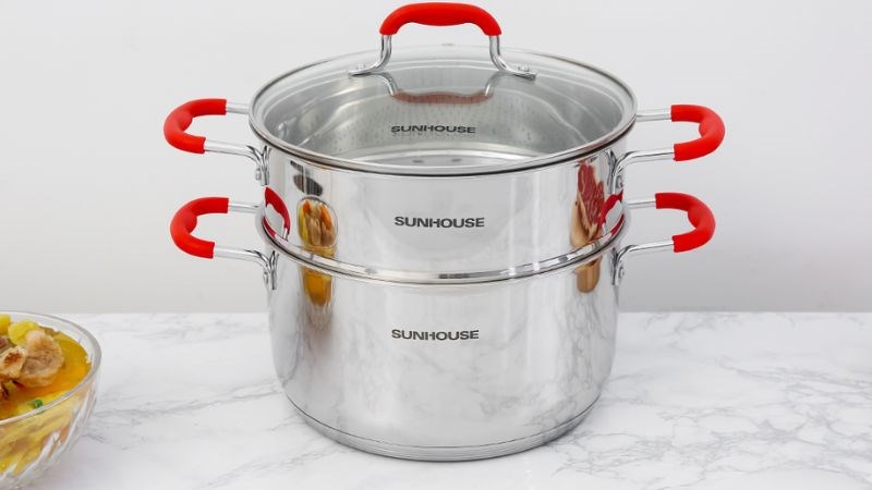 Bộ nồi xửng inox 5 đ&aacute;y nắp k&iacute;nh 24 cm Sunhouse SHG507-24