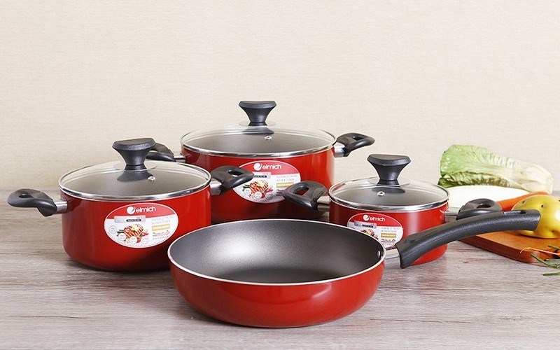 Bộ nồi chảo nh&ocirc;m chống d&iacute;nh nắp k&iacute;nh Elmich EL1162