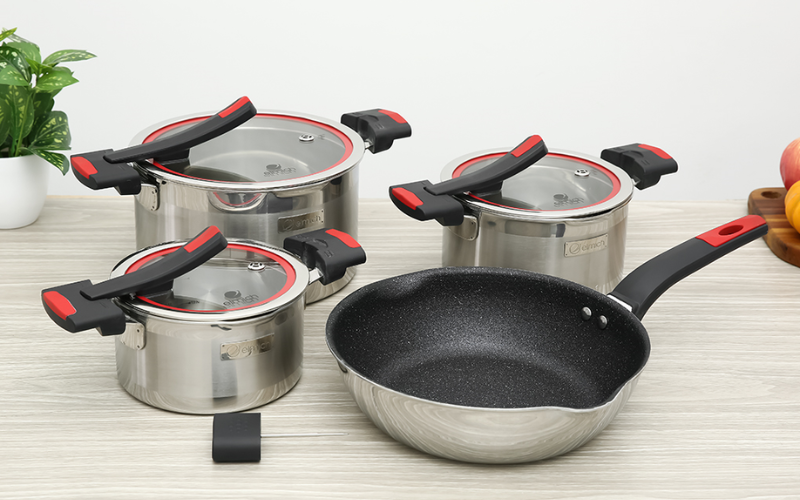 Bộ nồi chảo inox 3 đ&aacute;y nắp k&iacute;nh Elmich Milano EL-8093
