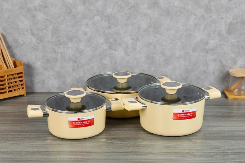 Bộ 3 nồi nh&ocirc;m chống d&iacute;nh nắp k&iacute;nh Elmich EL-5112YA