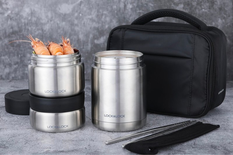 Bộ bình đựng thức ăn giữ nhiệt inox Lock&Lock LHC8031SLV