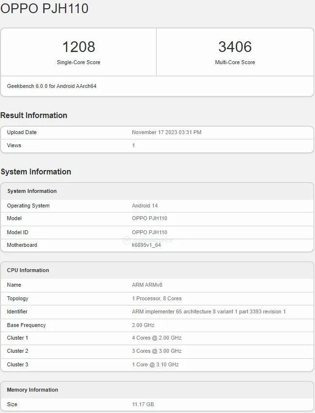Điểm chuẩn bị rò rỉ của OPPO Reno11 trên Geekbench Điểm chuẩn bị rò rỉ của OPPO Reno11 trên Geekbench