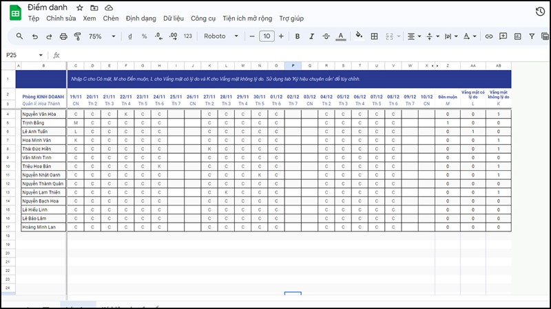 Cách tạo bảng điểm danh bằng Google Sheets