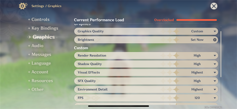 Thiết lập đồ họa Genshin Impact mà mình áp dụng cho bài test pin iPhone 14 Pro.