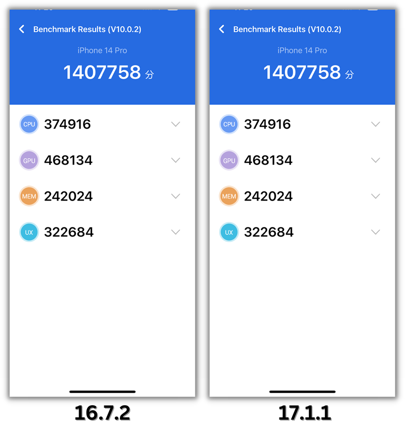 Điểm Antutu của iPhone 14 Pro trước khi cập nhật (trái) và sau khi cập nhật iOS 17.1.1 (phải).