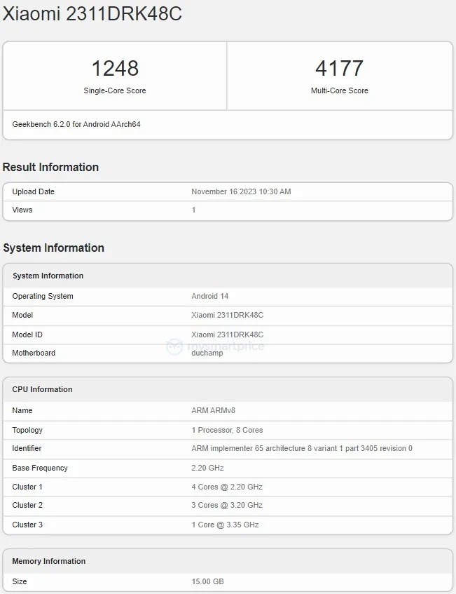 Thông tin của Redmi K70 trên Geekbench Thông tin của Redmi K70 trên Geekbench