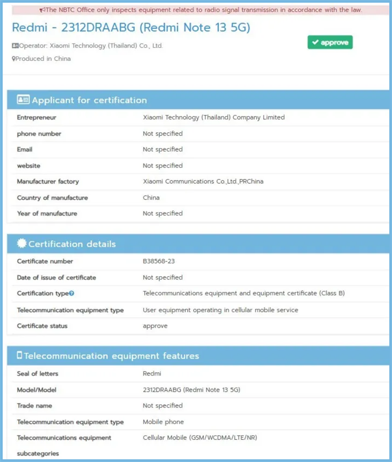 Redmi Note 13 5G đạt chứng nhận NBTC của Thái Lan
