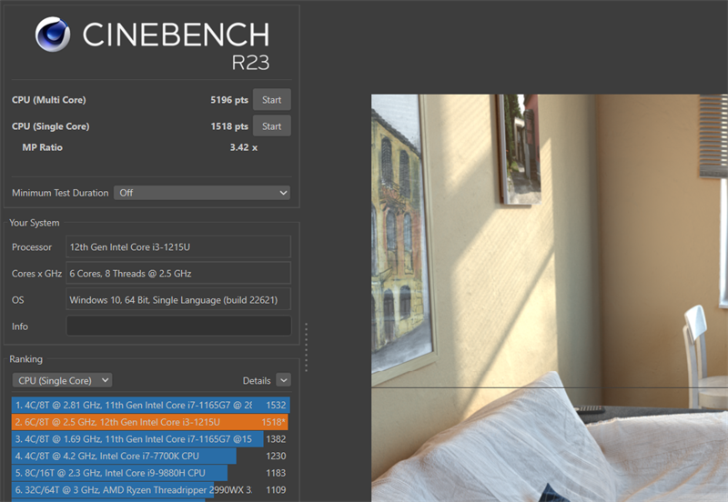 Điểm số Cinebench R23 của HP 15s fq5078TU.