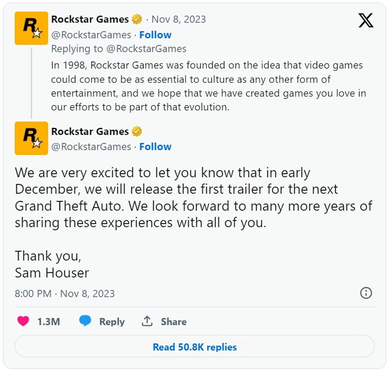 Tweet của Rockstar Games trên X