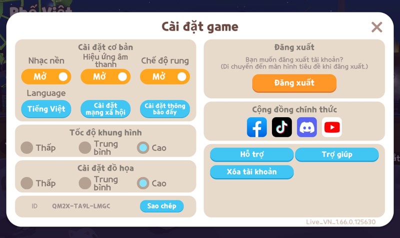 Thiết lập đồ họa Play Together mà mình áp dụng cho Galaxy Tab A9.