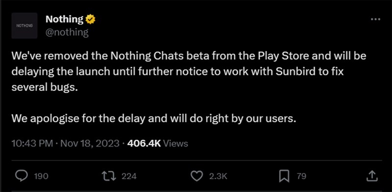 Nothing đã đăng tải thông tin về việc Nothing Chats bị gỡ khỏi CHPlay Nothing đã đăng tải thông tin về việc Nothing Chats bị gỡ khỏi CHPlay