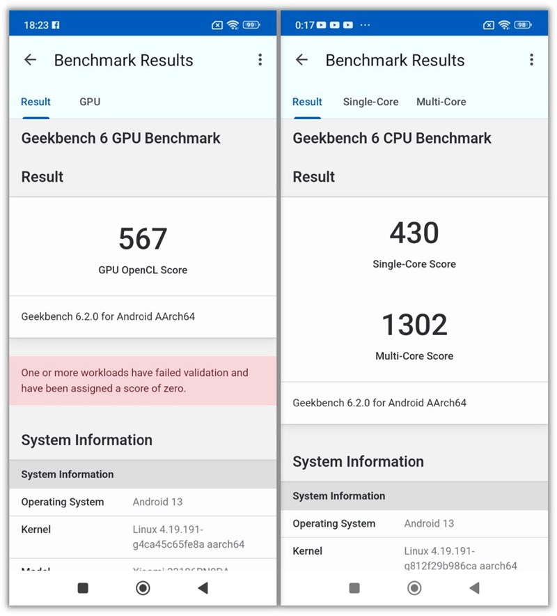 Điểm hiệu năng đơn/đa nhân và đồ họa OpenCL của Redmi 13C được chấm bởi Geekbench 6