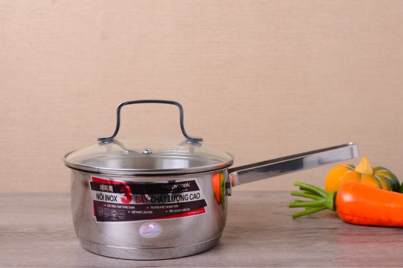 Qu&aacute;nh inox 3 đ&aacute;y nắp k&iacute;nh 16 cm Happycook Q16 MLGP