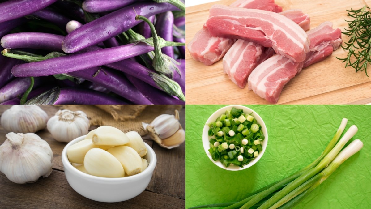 Nguyên liệu món ăn cách làm cà tím xào thịt ba chỉ