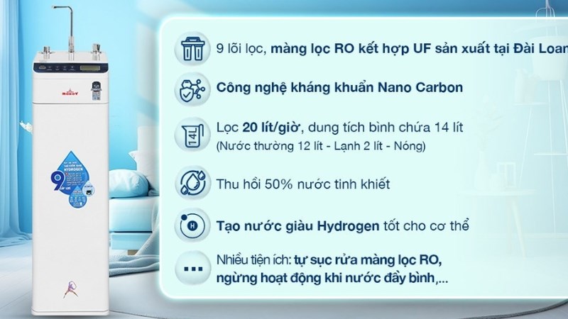 M&aacute;y lọc nước RO n&oacute;ng nguội lạnh Hydrogen ROBOT HydroElite-9X 9 l&otilde;i