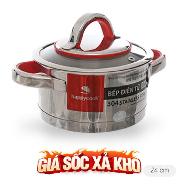 Nồi inox 3 đáy nắp kính 24 cm Happycook HC-24AR