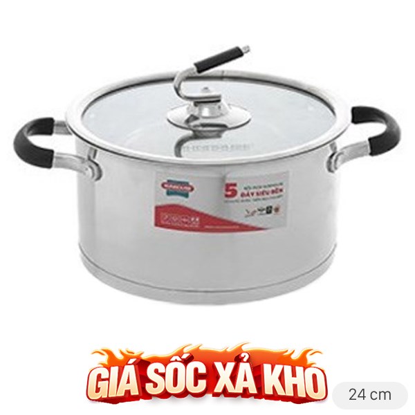 Nồi inox 5 đáy nắp kính 24 cm Sunhouse SHG24324