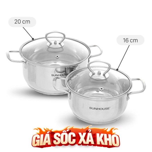 Bộ 2 nồi inox 5 đáy nắp kính Sunhouse SHG2502M