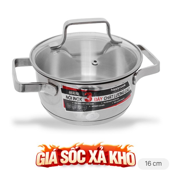 Nồi inox 3 đáy nắp kính 16 cm Happycook N16 MLGP