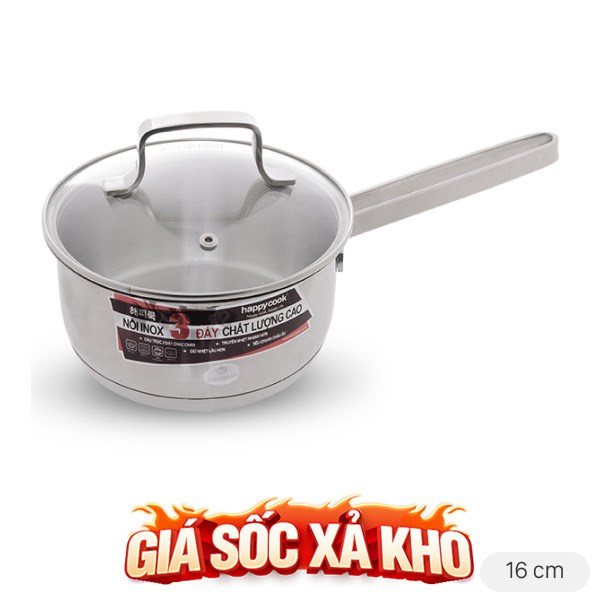 Quánh inox 3 đáy nắp kính 16 cm Happycook Q16 MLGP