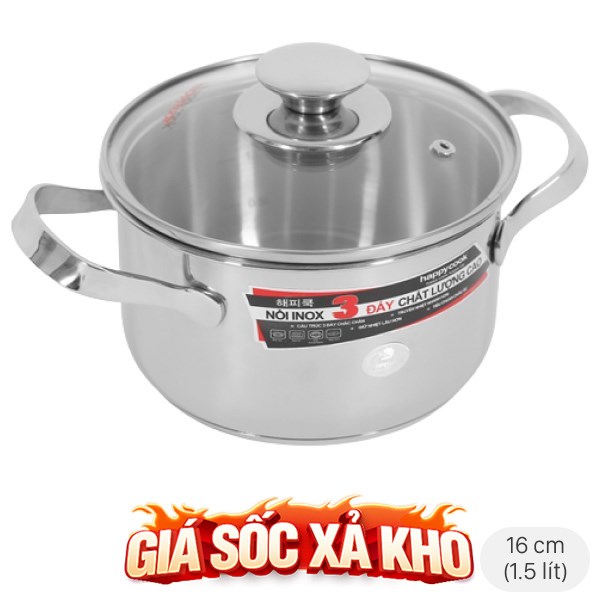 Nồi inox 3 đáy nắp kính 16 cm Happycook N16-NMG