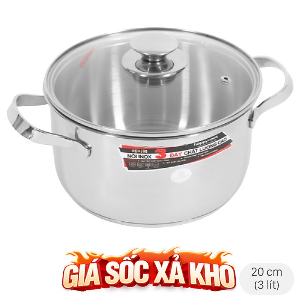 Nồi inox 3 đáy nắp kính 20 cm Happycook N20-NMG