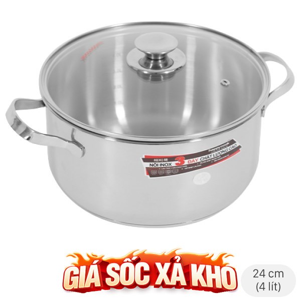 Nồi inox 3 đáy nắp kính 24 cm Happycook N24-NMG