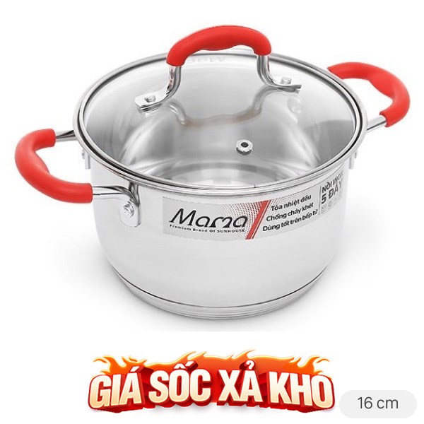 Nồi inox 5 đáy nắp kính 16 cm Sunhouse Mama SHG2516MSD