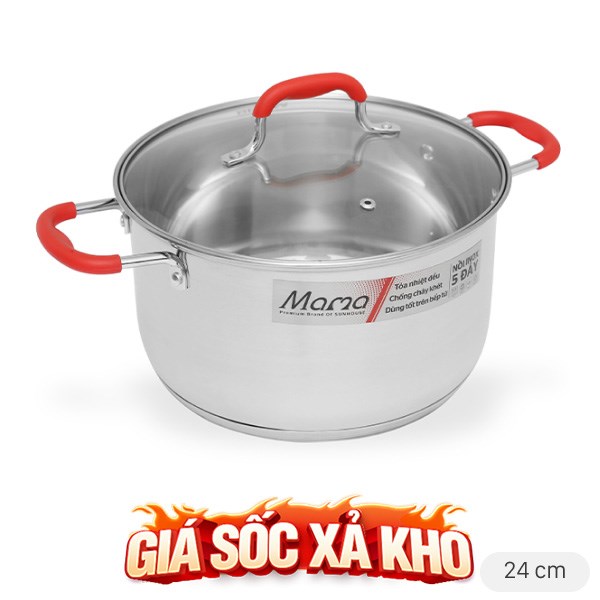Nồi inox 5 đáy nắp kính 24 cm Sunhouse Mama SHG2524MSD