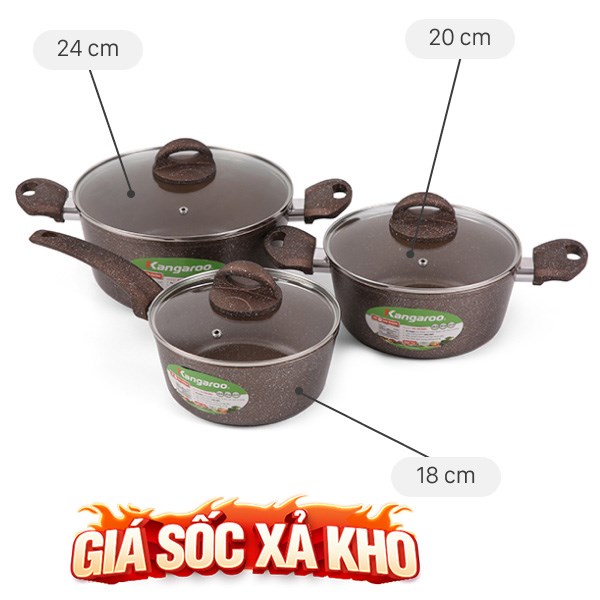 Bộ nồi quánh nhôm chống dính nắp kính Kangaroo KG992MX