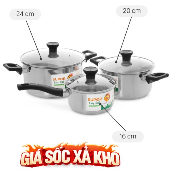 Bộ nồi quánh inox 3 đáy nắp kính Easycook Supor H20211-T1