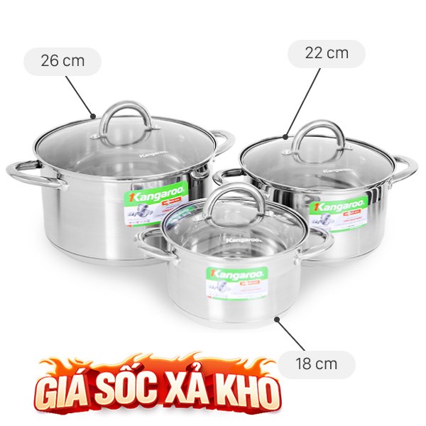 Bộ 3 nồi inox 5 đáy nắp kính Kangaroo KG876