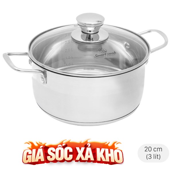 Nồi inox 3 đáy nắp kiếng 20 cm Smartcook SM2401MN