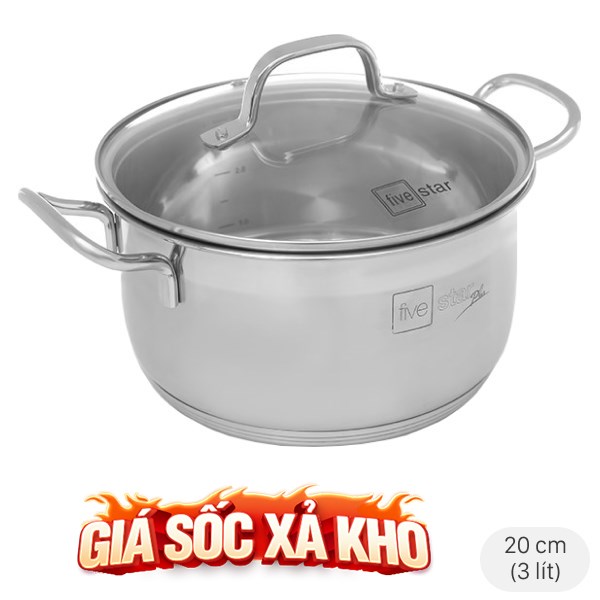 Nồi inox 3 đáy nắp kính 20 cm Fivestar N20-5DG 304