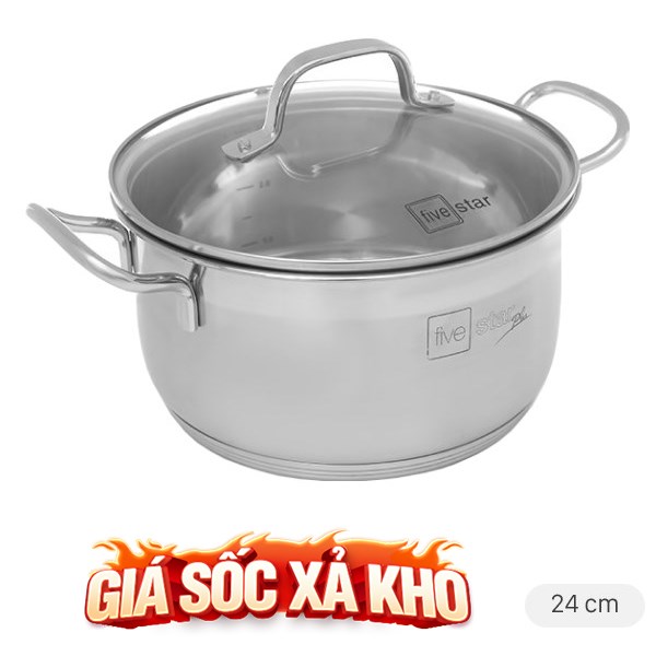 Nồi inox 3 đáy nắp kính 24 cm Fivestar N24-5DG 304
